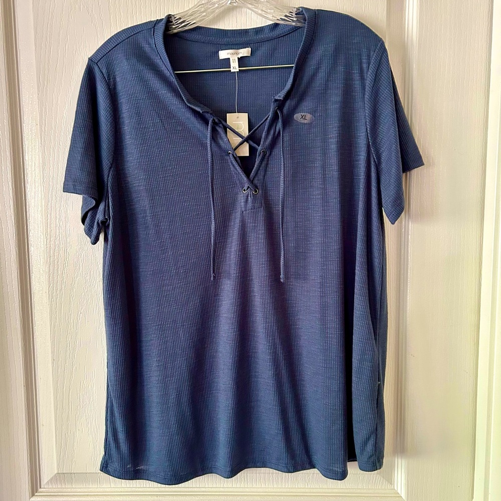 Blue Short Sleeve Lace-Up Top